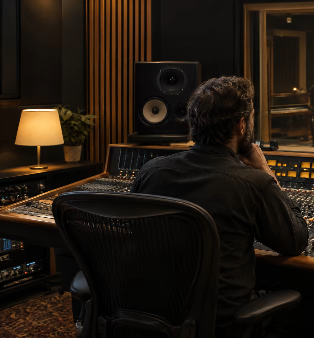 The Longwave Studio control room: mixing desk, monitors and a window into the live room.