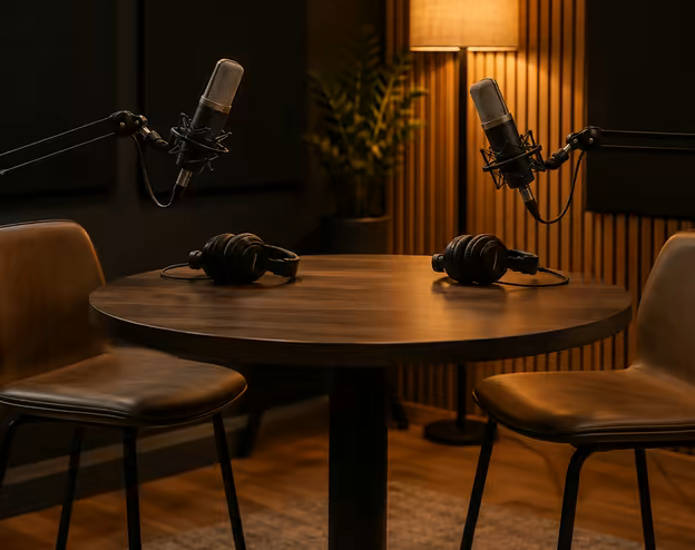 Two stools and two microphones waiting at the Studio B table.