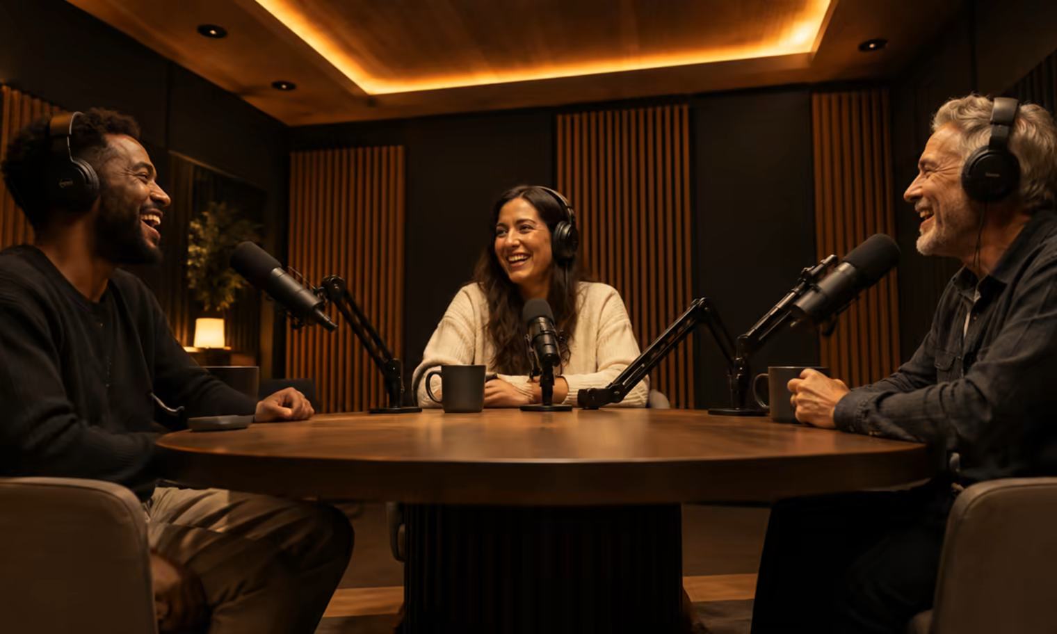 A three-person recording session in progress around the round table in Studio A.
