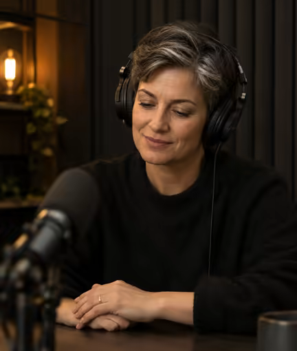 A client listening back to a take, headphones on.
