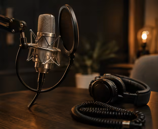 A condenser microphone and pop shield on a boom arm above a dark wood table.