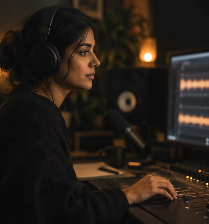 An editor at the Longwave Studio edit suite, headphones on, hand resting on a fader panel.