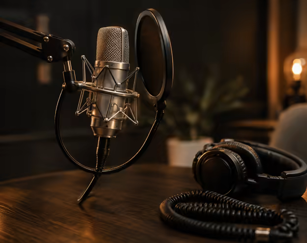 A condenser microphone and pop shield lit by a single warm lamp.